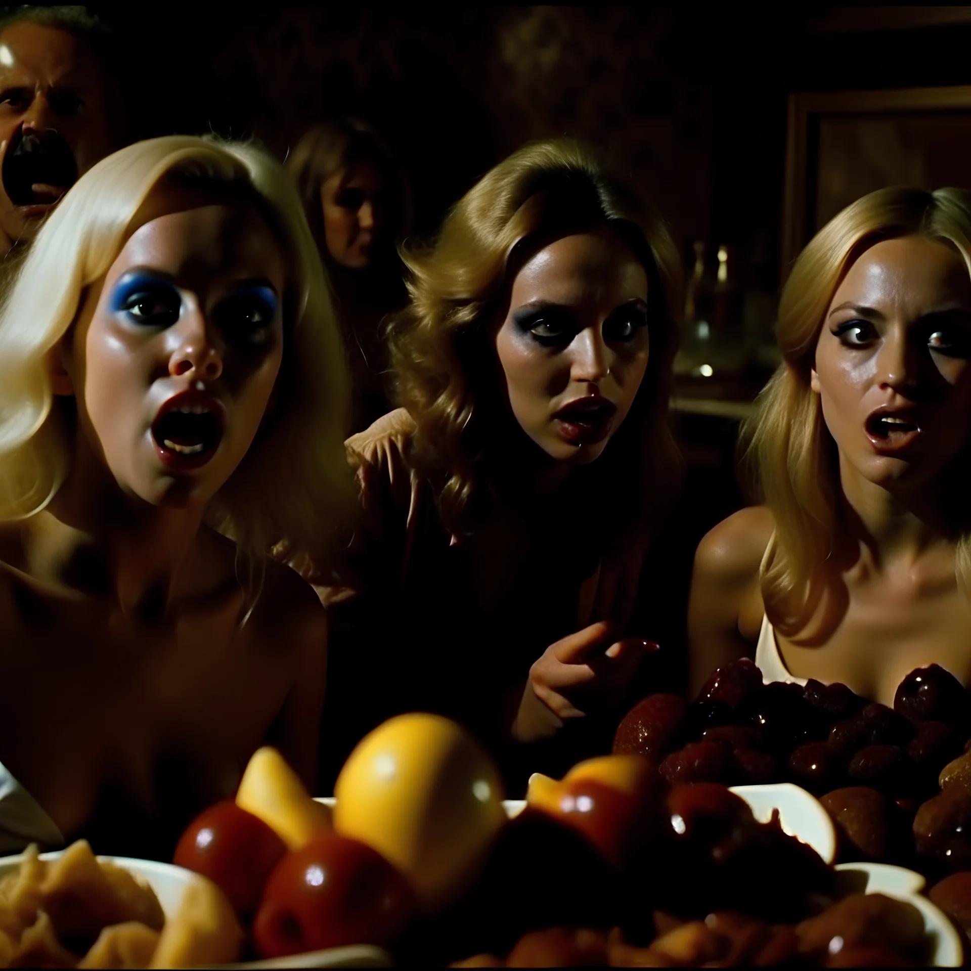 Horror movie shot, hot, ultra realistic, dine, horns, ultra chaos, realistic hot blonde women, party, pieces of meat, organs, hot dynamic, very excited people, hypermaximalist figures, light, 1970's Italian horror movie, sinister,, Dario Argento, Stanley Kubrik, ornate, 4k, photorealism