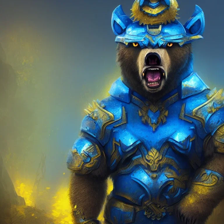 An angry bear warrior in blue and gold armor, background of Inka jungle, high detail, smooth, realistic, digital illustration, Artstation, artgerm,