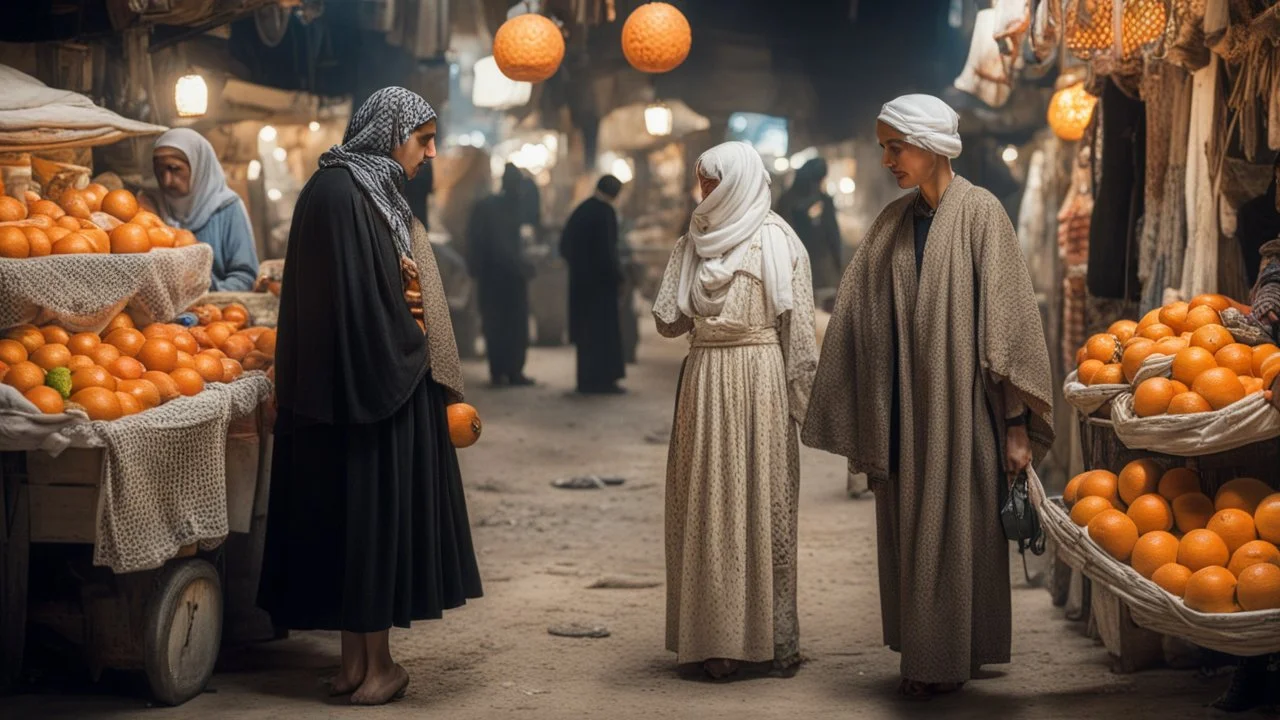 A full-length Palestinian girl wearing an embroidered dress and a white embroidered shawl buys oranges from an old seller wearing a keffiyeh in the market of Jerusalem, 100 years ago, at night with multi-colored lights reflecting on her.