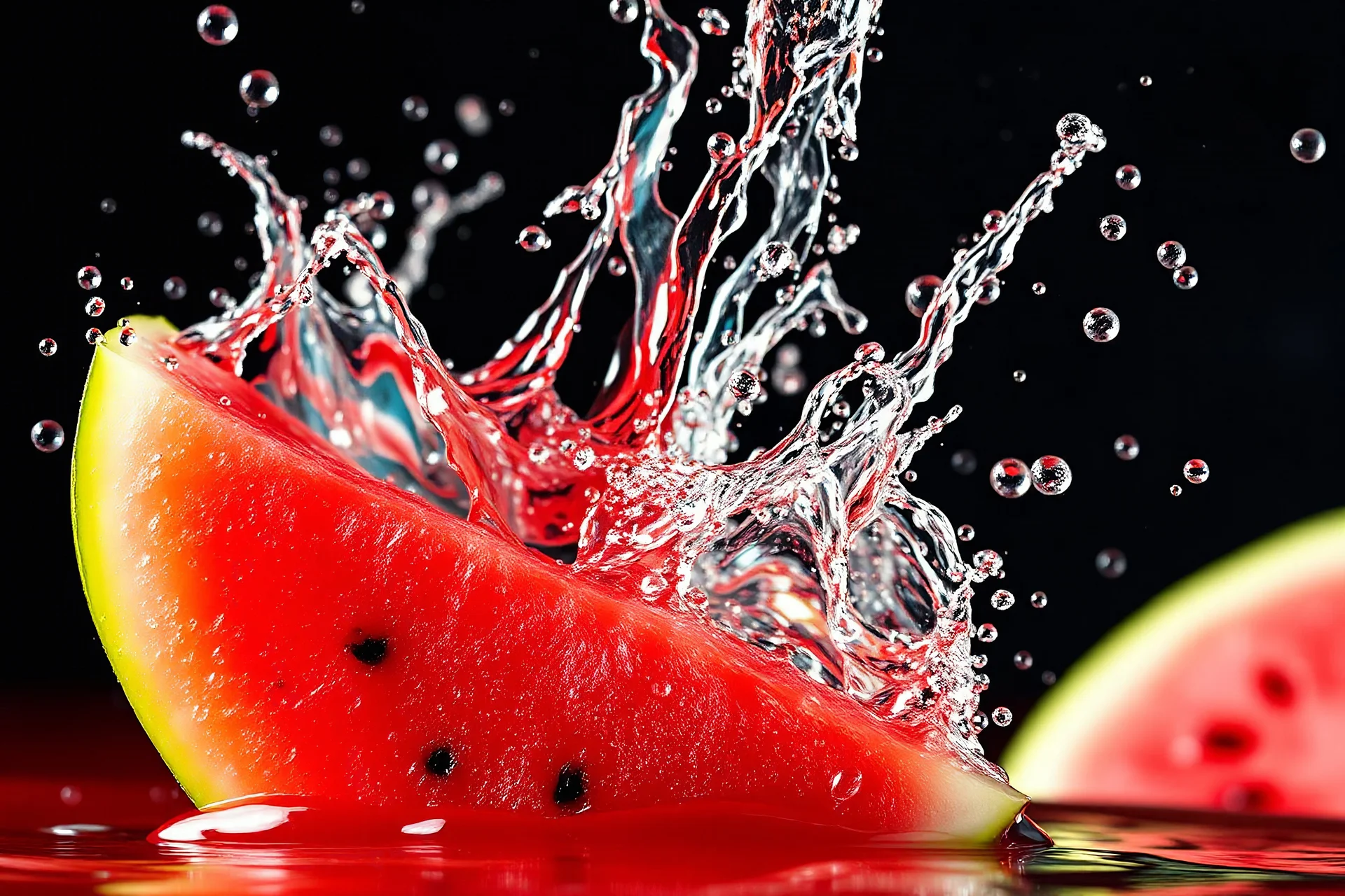 Watermelon Slice A juicy watermelon slice falling with a splash of holographic water droplets Izobrajenie iz well high smart art odd rare creative strange beautiful