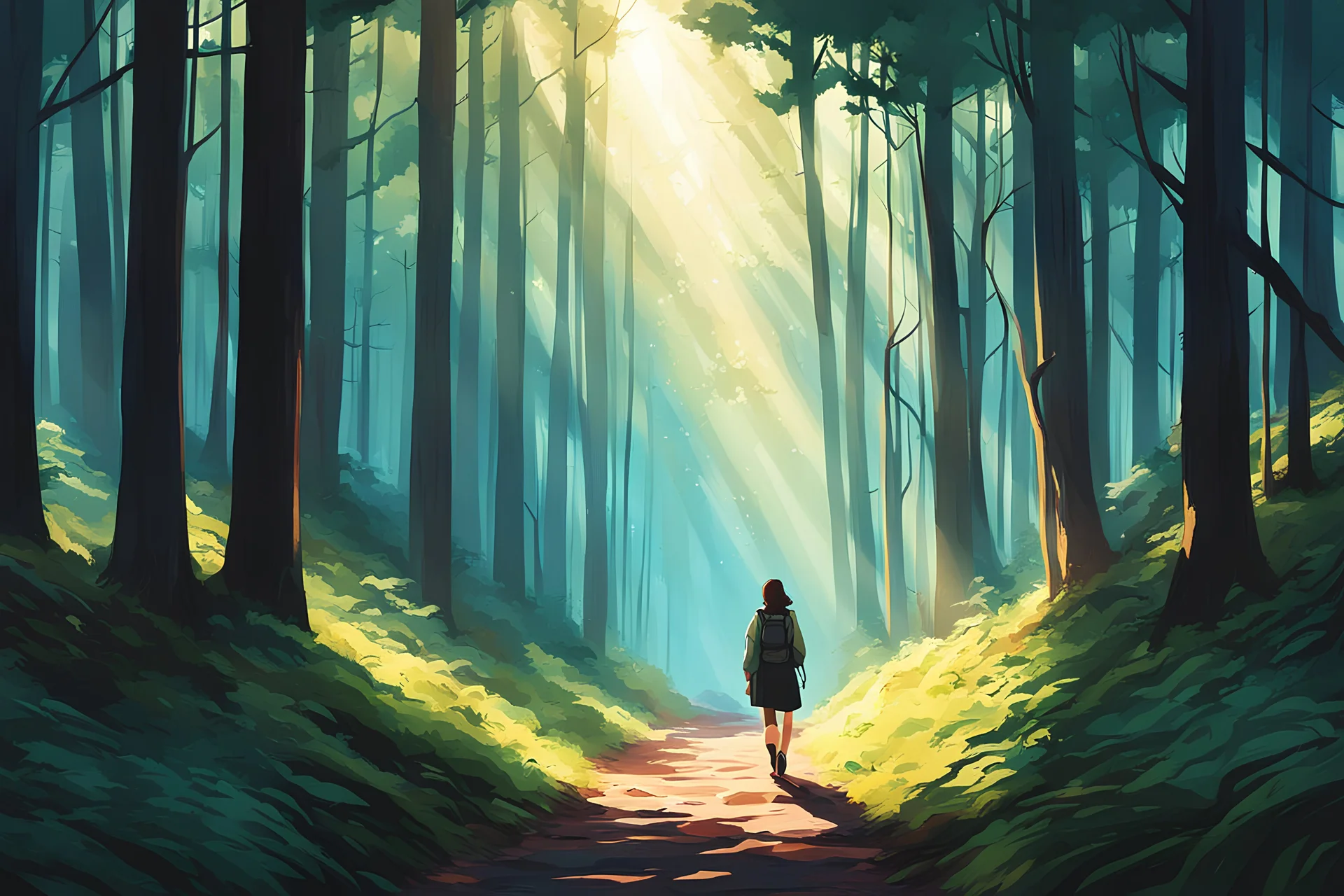 a lone woman trekking through a forest pierced by shafts of morning light , art in the style of spirited away