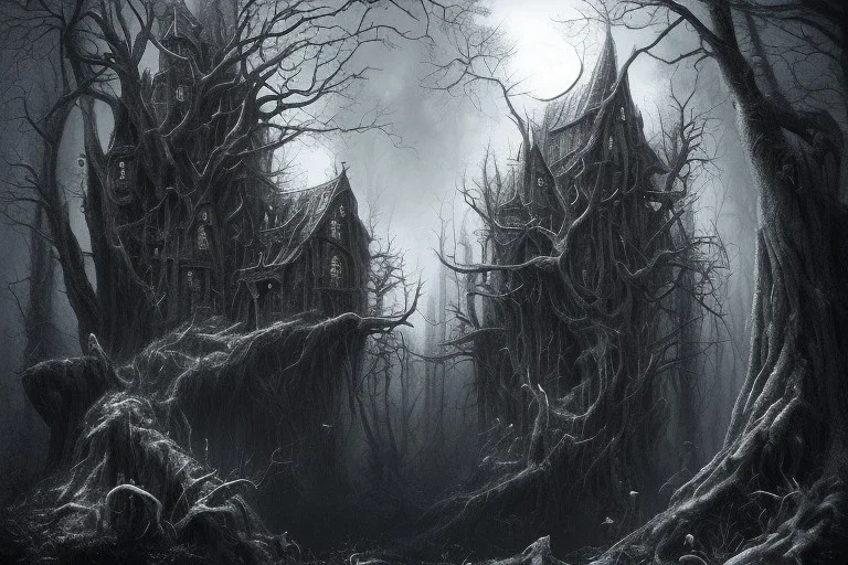  Wednesday Adams, black and white, one tall narrow scary house , pointy roof, cursed trees , dense dark forest, forest background, spiders, bats, bones, Escher style