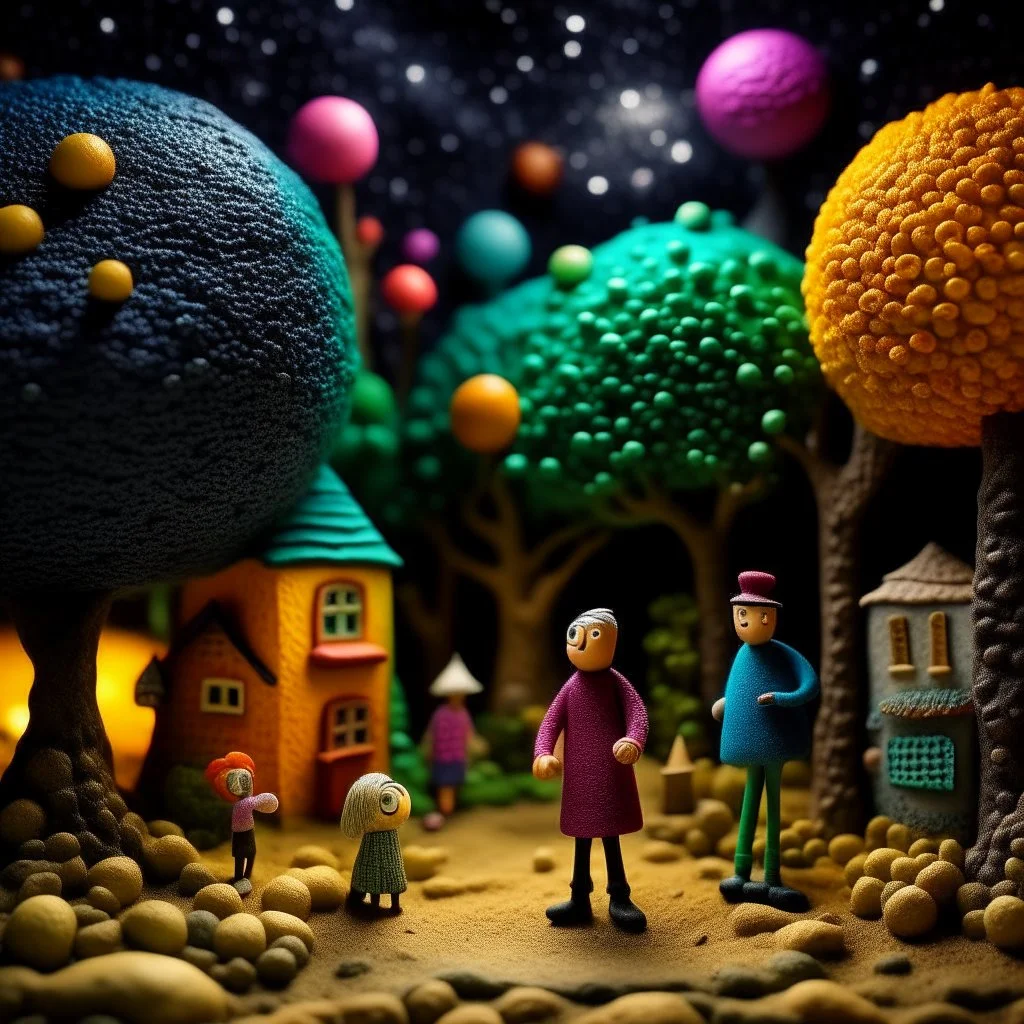 Detailed people, street made of modeling clay and felt, village, stars, galaxy and fog, planets, moon, volumetric light flowers, naïve, Henri Rousseau, strong texture, extreme detail, Yves Tanguy, decal, rich moody colors, sparkles, Harry Potter, bokeh, odd, shot on Ilford