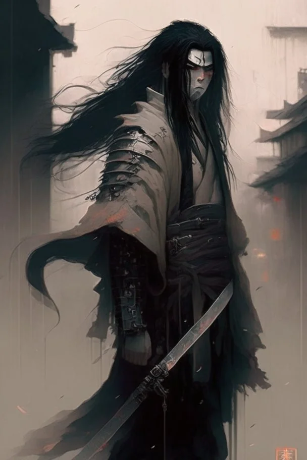 Street samurai, black hair, long hair, cybernetic eyes, standing in mists, male, dark art, Ivory Peach skin, cute