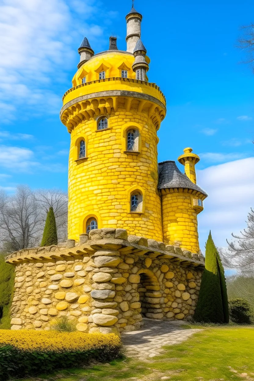 A yellow castle with a sun tower designed in Ica stones painted by Claude Monet