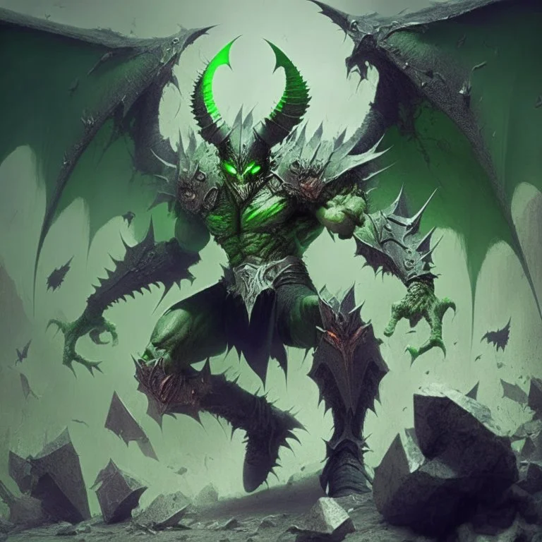 demoniode armadura verde con negroy alas lanzando una roca enorme