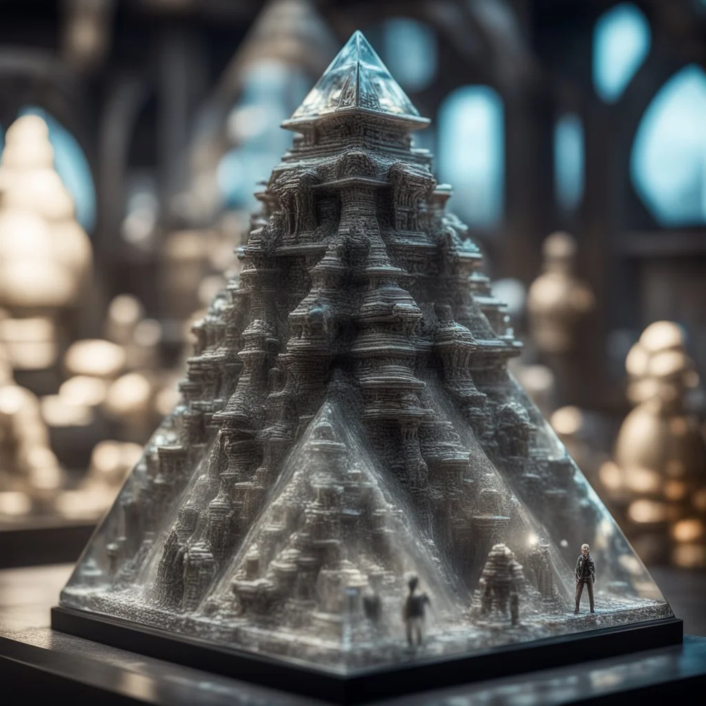 giger escher ogre on pyramid sculpture in transparent murano glass,bokeh like f/0.8, tilt-shift lens 8k, high detail, smooth render, down-light, unreal engine,bokeh like f/0.8, tilt-shift lens 8k, high detail, smooth render, down-light, unreal engine