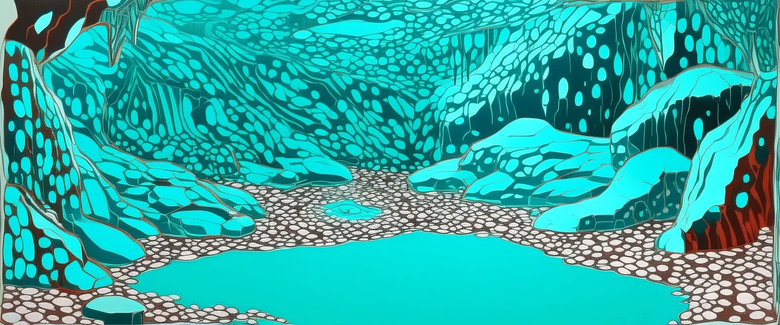 A mint colored diamond cavern covered in water designed in Indian Gond art painted by Andy Warhol
