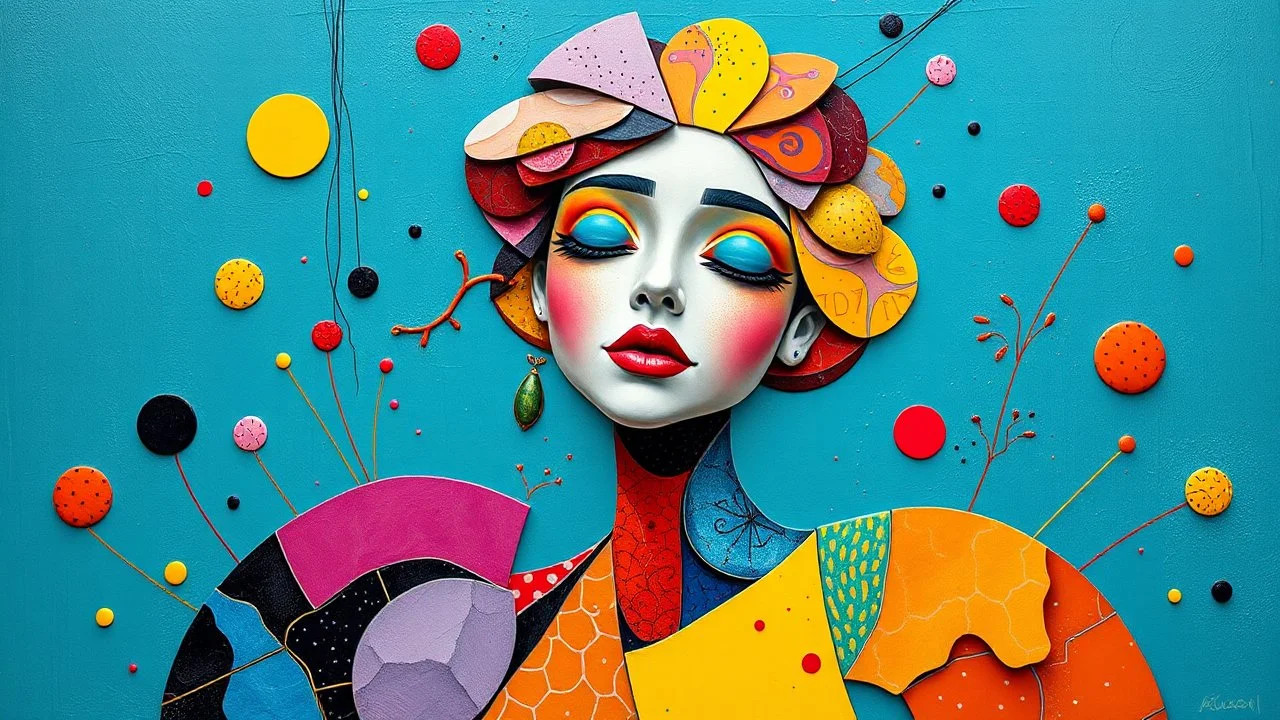 Inspired by frakenthaler Vibrant, abstract, whimsical, Full figure, head girl, white granite thought-provoking, balanced, funky, energetic, decorative, dramatic, surrealistic, cheerful, ornamental, handcrafted by geacometticonnection through vibrant abstraction, blending individuality and unity. Fragmented forms and bold colors symbolize emotional complexity, inviting reflection on relationships, communication, and the beauty of shared understanding. Kusuma. geometric,