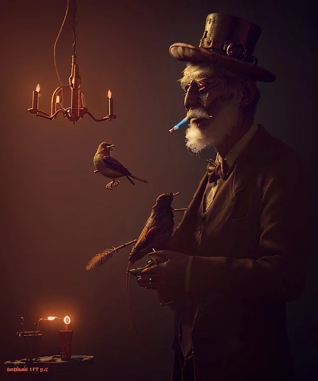 Surreal, steampunk , , cabaret scene. Russian old man. Sweat, Birds, Feather, smoking, happy, hot, color fog, people background, highly detailed, concept art, unreal engine 5, god rays, ray tracing, RTX, lumen lighting, ultra detail, volumetric lighting, 3d, finely drawn, high definition, high resolution.