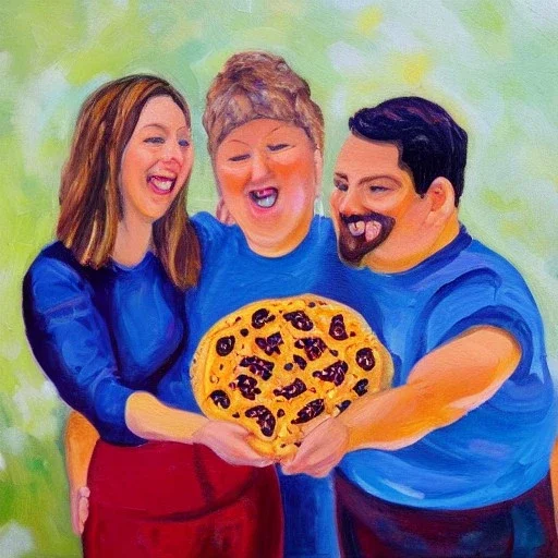 Three happy people eating pretzel pizza,oil painting