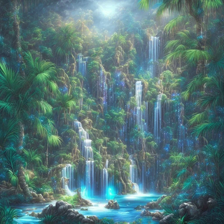 turquoise neon waterfall with palm trees sparkling at night in a cave detailed realistic glowing