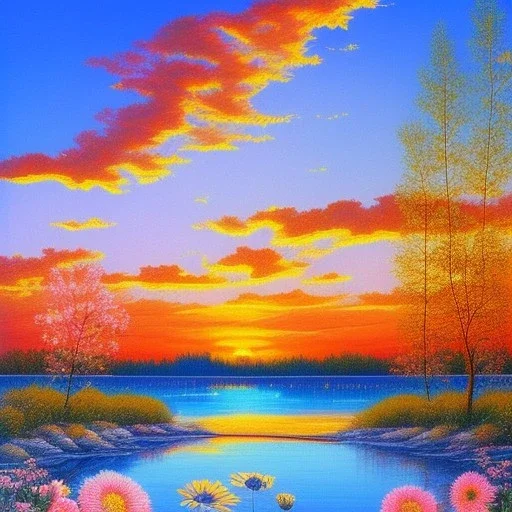 blue and transparent river, cristal flowers, sunset, delicate flowers