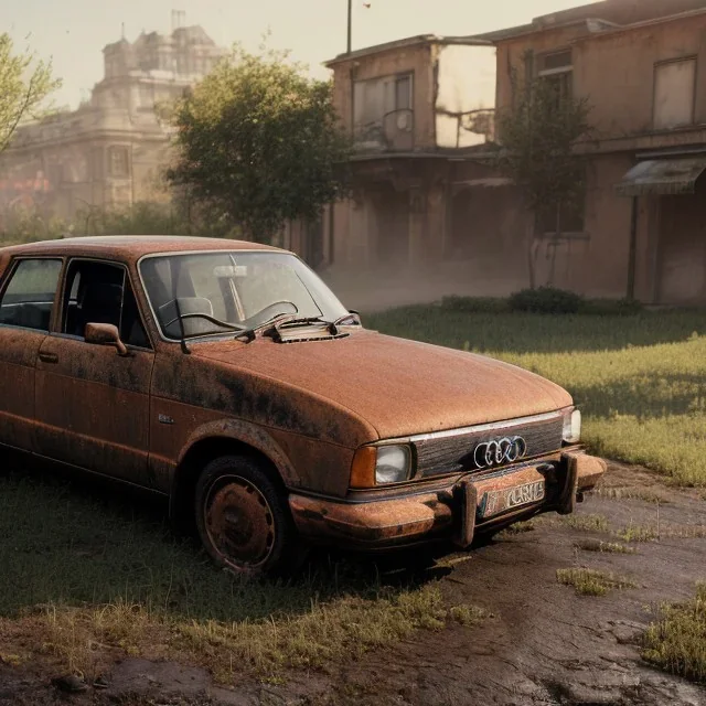 an 1990 Audi rust 2-door overgrown by with dust ,ultra realistic,concept, 4k ,on street,8k resolution, high-quality, fine-detail, parked in crowded city winter