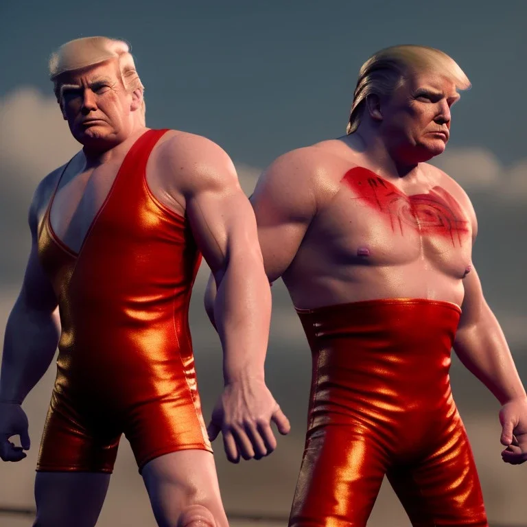 Wrestler Donald trump, dark, wrestling, sweat, blood, red breeches, stars, retro style, 80s, hot ambient, photo studio, smooth color, highly detailed, art stations, concept art, smooth, unreal engine 5, god rays, ray tracing, RTX, lumen lighting, ultra detail, volumetric lighting, 3d, finely drawn, high definition, high resolution.