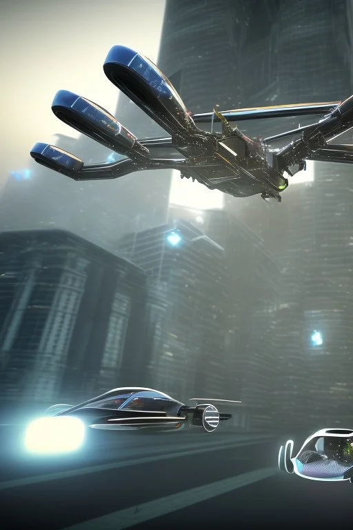 A flying car being drived by a robot in future city.