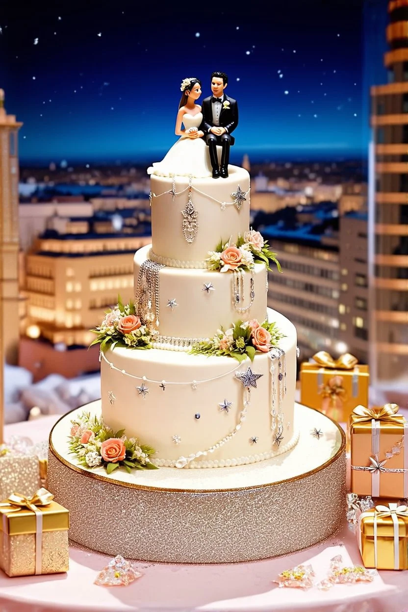 a really delicious and visually stunningly beautiful wedding cake, with a cute miniature bride and groom on top, sitting on a beautiful decorated table, with flowers and gifts around them. The cake is cut in a fancy shape, with intricate details that mimic expensive jewelry, glittery decorations that sparkle like the stars, and a backdrop of a romantic cityscape with sparkling city lights. The bride and groom are dressed in elegant white dresses with flowing ribbons and delicate flowers, reflect