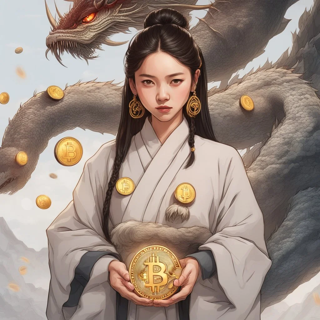 Bitcoin cryptocurrency in the hands of a traditional chinese girl, dragon