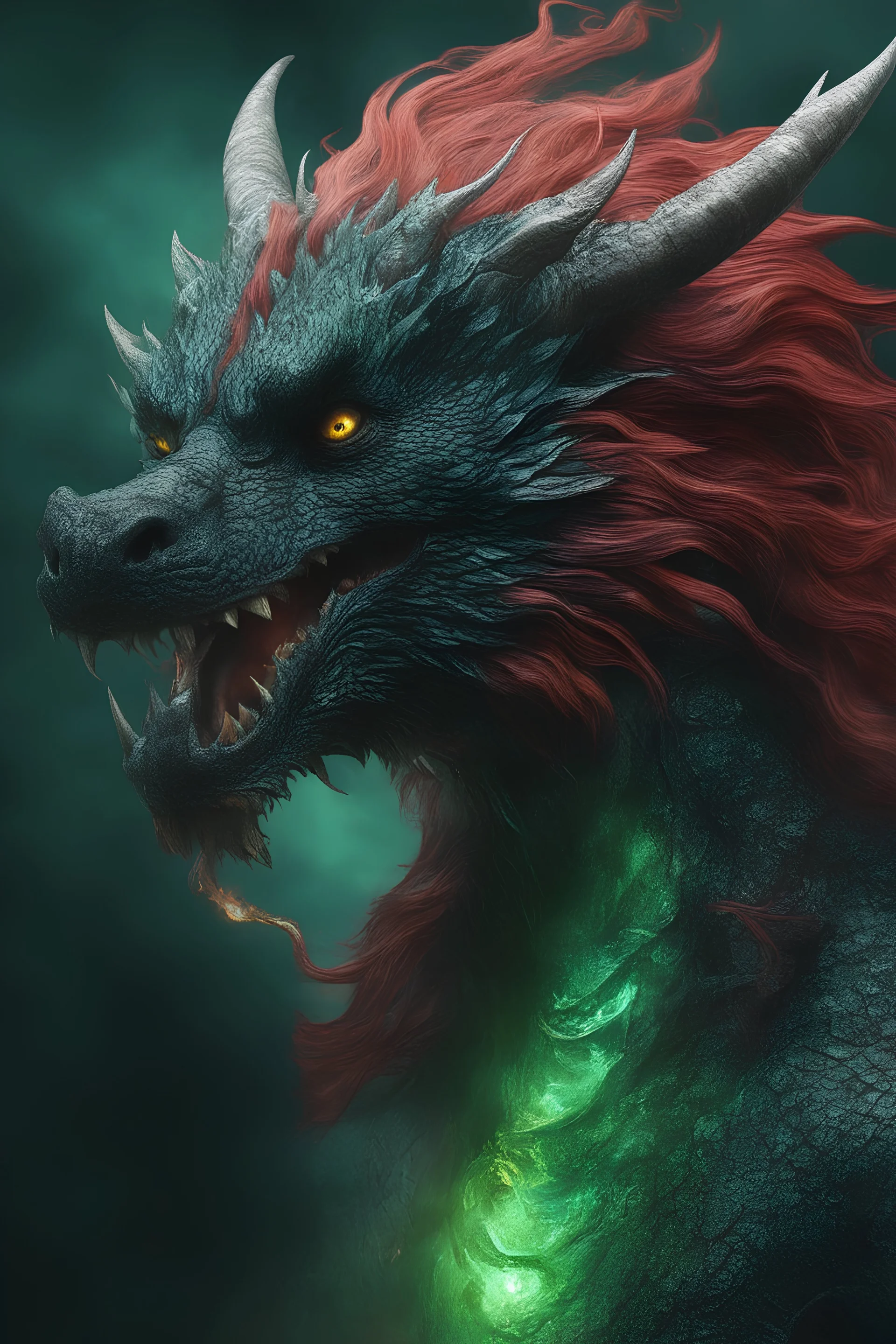 3D, the black Chinese Indian werewolf Dragon with Long wavy, curly (((red hair))) and bright, (((sea-green eyes))), breathing fire - full color - 32k, UHD, 1080p, 8 x 10, glossy professional quality digital photograph - dark foggy gradated background, historic, powerful, octane rendering, exquisite detail, 30 - megapixel, 4k, 85 - mm - lens, sharp - focus, intricately - detailed, long exposure time, f8, ISO 100 - back - lighting, ((skin details, high detailed skin texture))