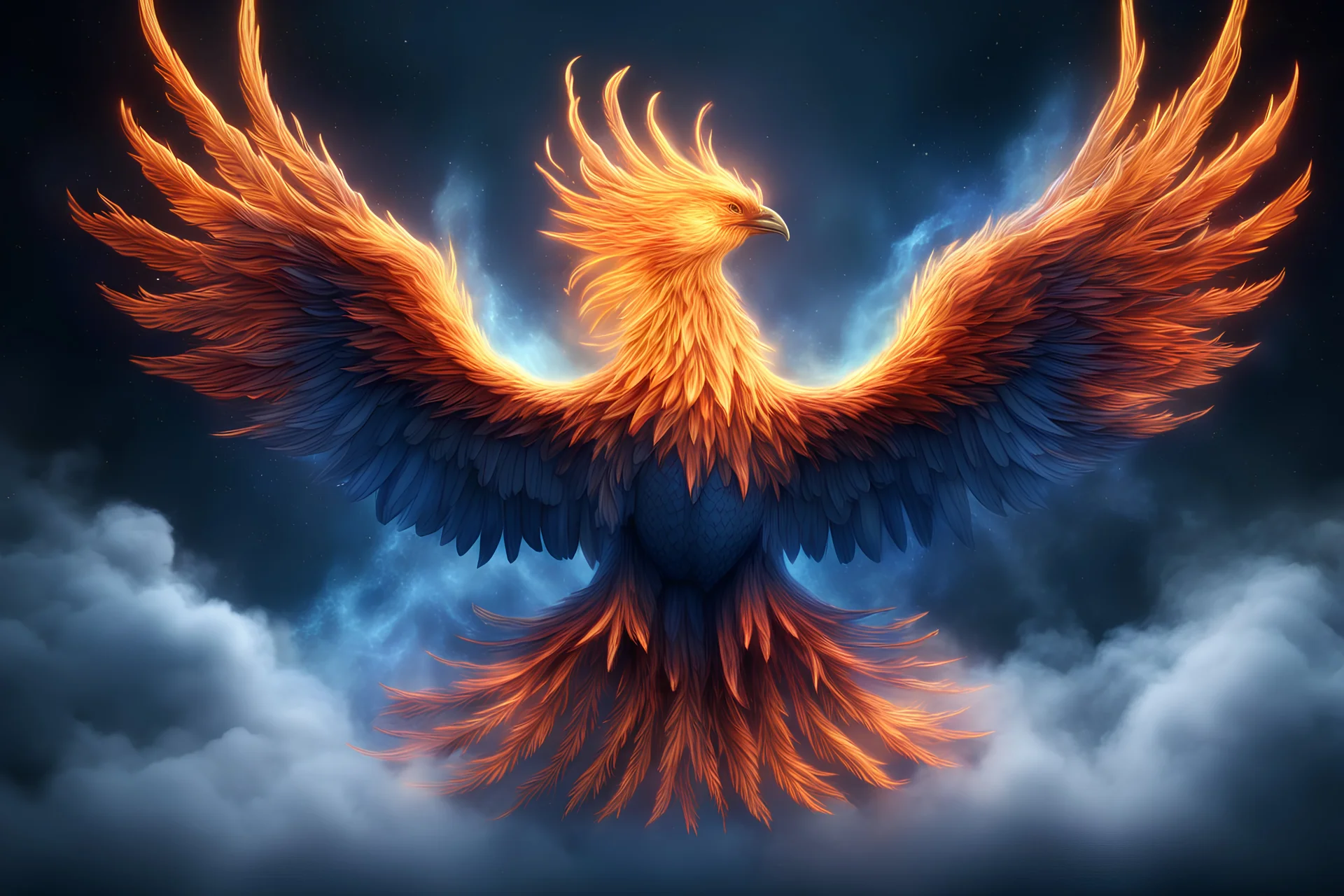 A majestic phoenix rises from a cloud mist on a blue-black starry background 4K 3D High Resolution, High Stereoscopic Look, High Detail, High Quality, Concept Art, Abstraction, 8K Fantasy, Beautiful, Elegant, Intricate, Colorful, Focused