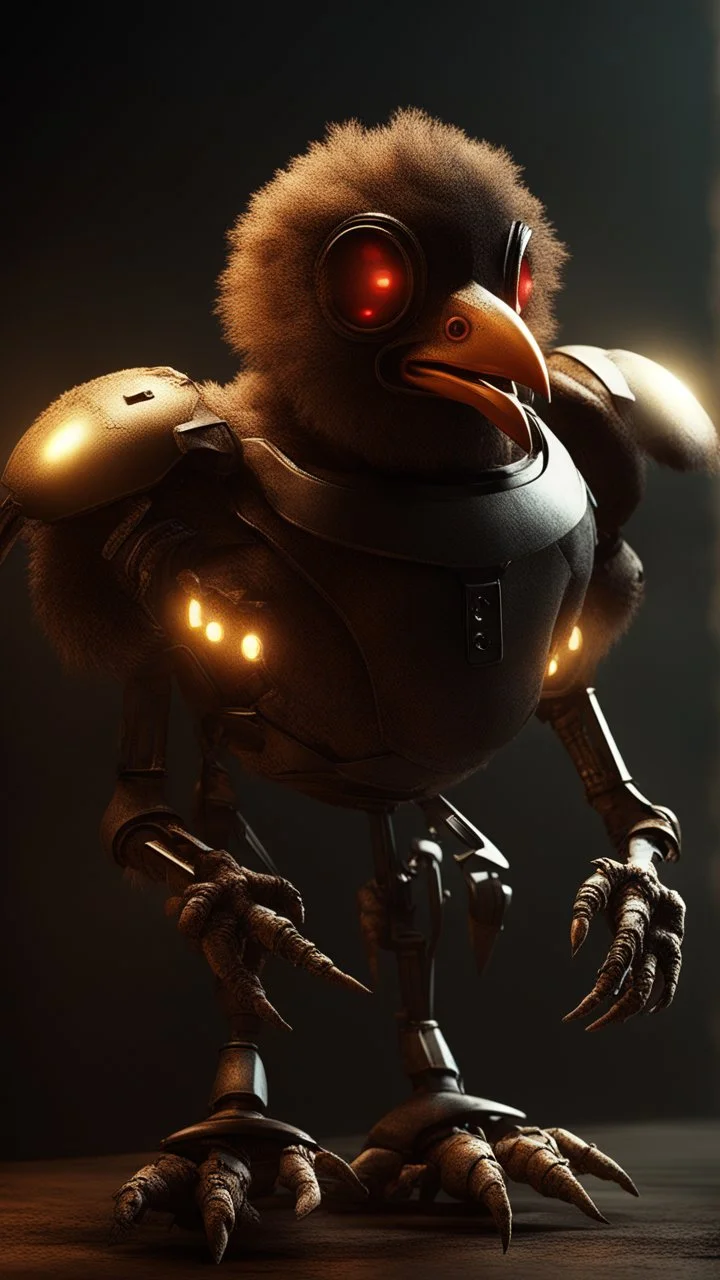 chicken monster robot with eerie lighting and a haunting atmosphere , photo / ultra realistic cinematic