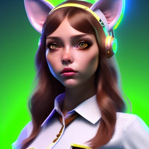 waitress teenager, latin, cat ears latex headband, rounded face, brown short hair, light makeup, striped shirt, vibrant color, highly detailed, gradient background, concept art, smooth, 16 bit, unreal engine 5, god rays, ray tracing, RTX, lumen lighting, ultra detail, volumetric lighting, 3d, finely drawn, high definition, high resolution.