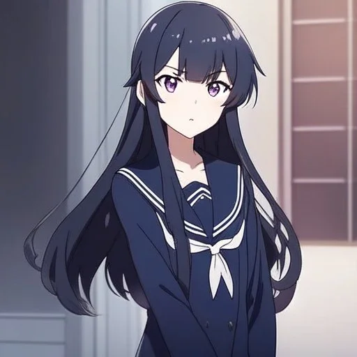 Clear focus, High resolution, long black fluffy hair, long locks, chopped bangs, purple eyes, wearing a sailor uniform, (solo), anime screencap