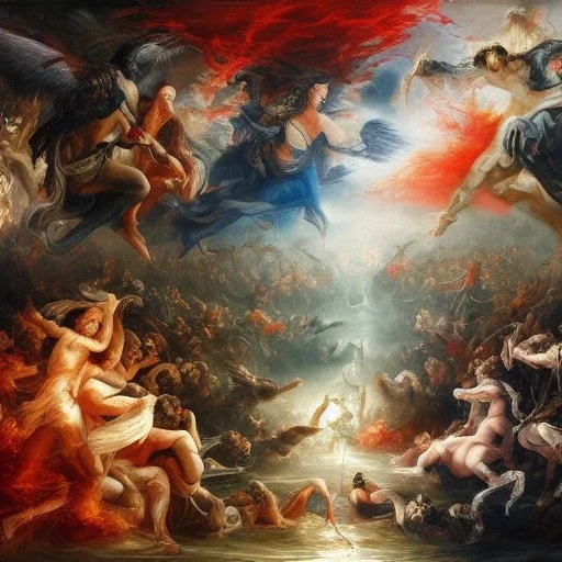 The war of good and evil, the war of white and black, the war of water and fire, the war of up and down, the war of angels and demons, a painting with precise and complete details and full HD, 4K, 8K, 16K, a magical work of art.