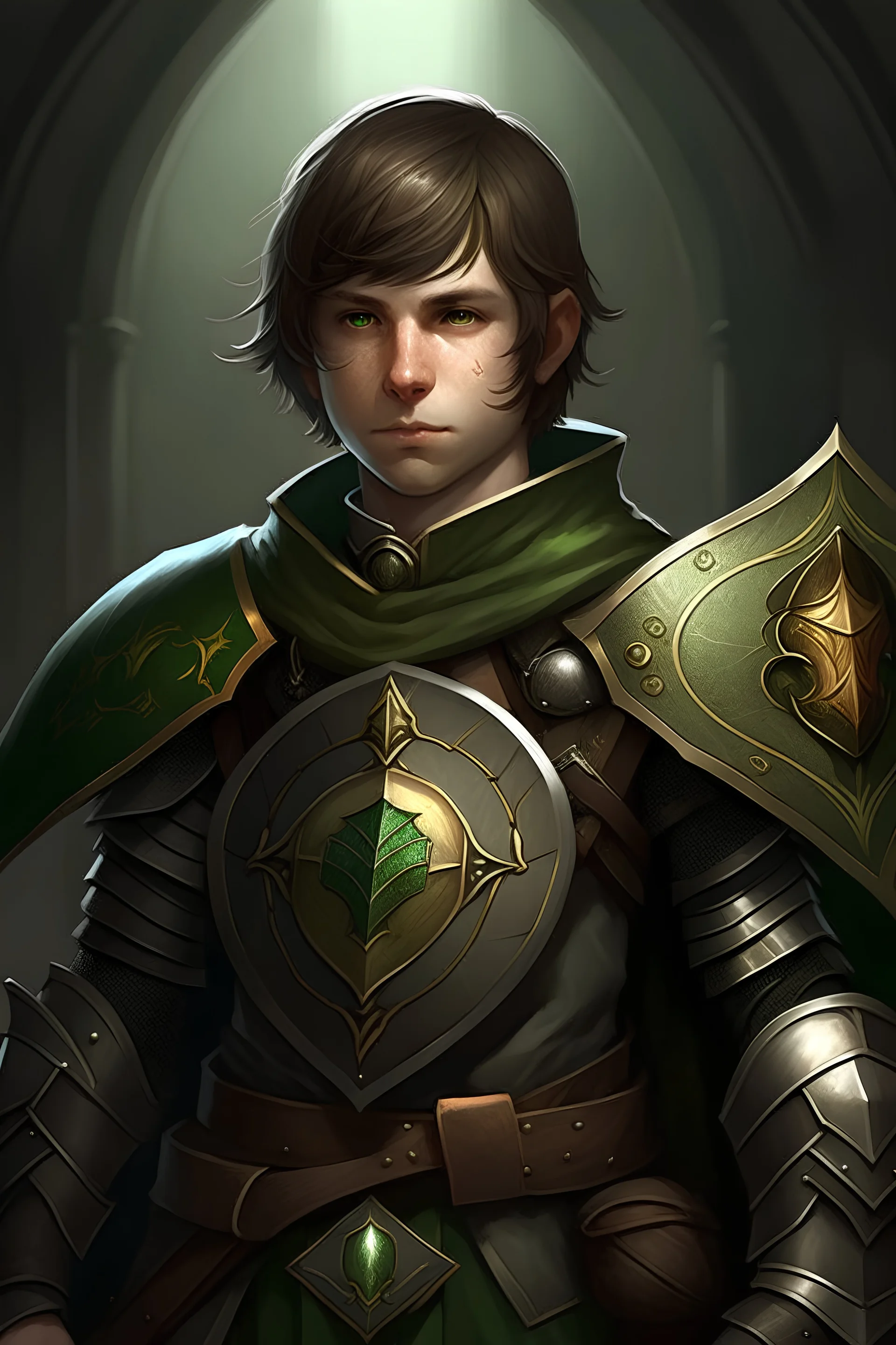 immagine fantasy chierico con occhi verdi capelli corti marroni, armatura, con mazza e uno scudo