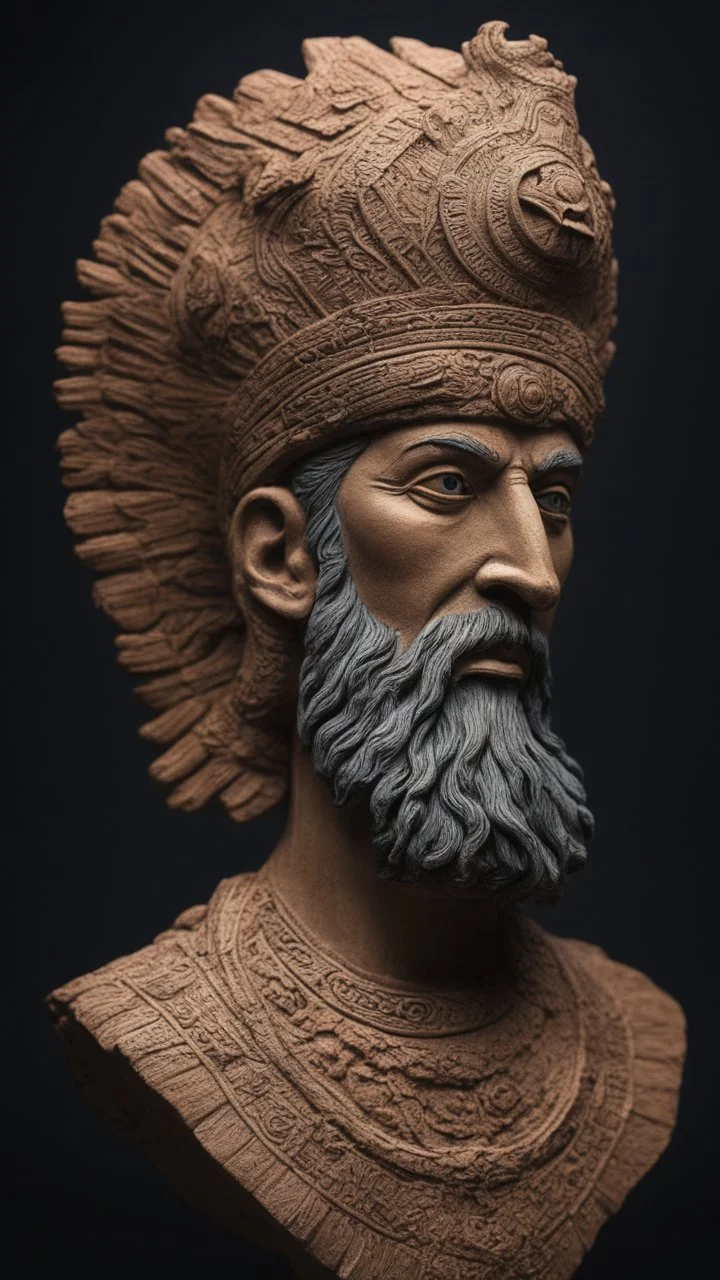 a very creative masterpiece clay art of ancient Babylonian god, the design express power, mystery, magic power, high details, sharp focus, intricate details, vivid color, volumetric lights, Black Background,