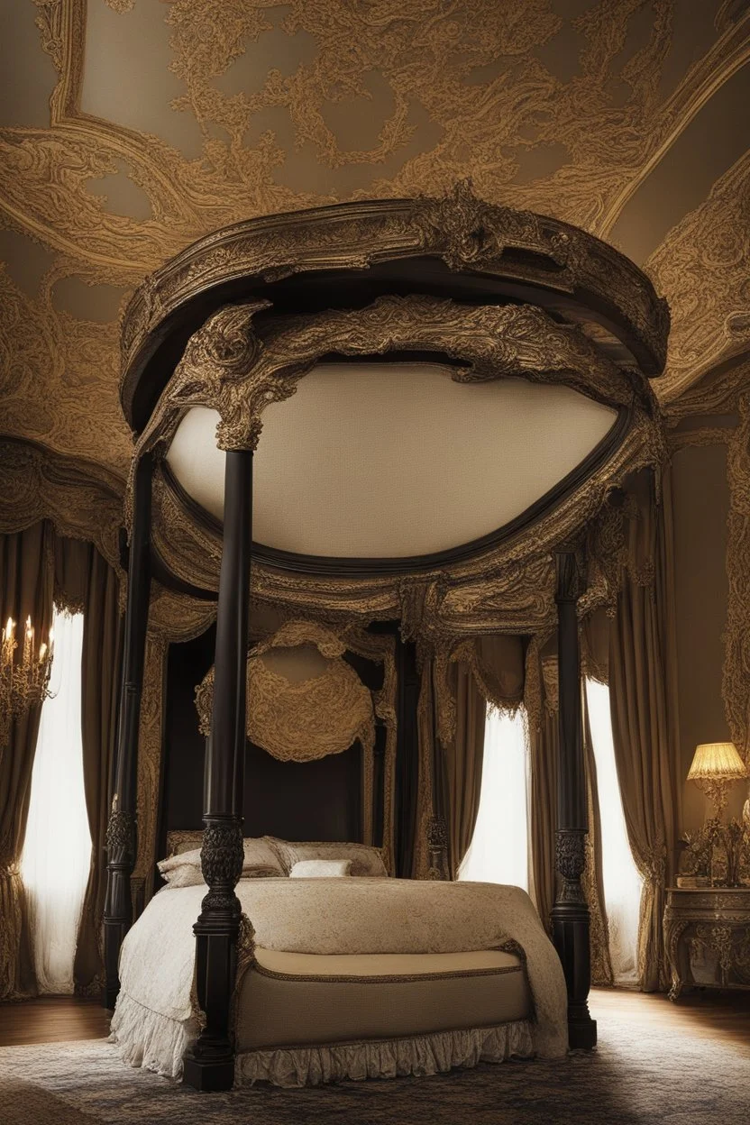 Beautiful ornate four post canopy bed in a dark colored bedroom, victorian, black and gold