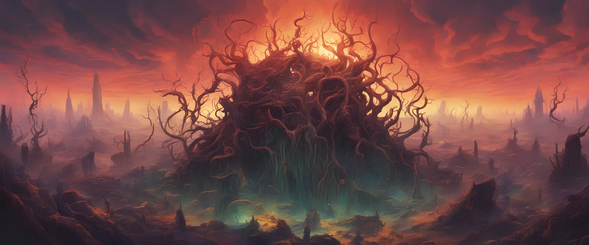 sinister skull-headed masses of tendrils with viscera and remnants of civilization. The color temperature is warm, with hints of neon lights illuminating the surroundings.