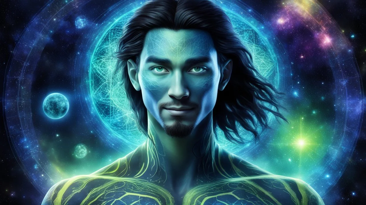 beautiful gorgeous young man na'vi with long hair, Avatar, blue skin, two small ears, green eyes, black hair, in cosmic suit, galactic ambiance, medium pointy goatee , smiling, nebulas and sacred geometry light figures on the backgroud,