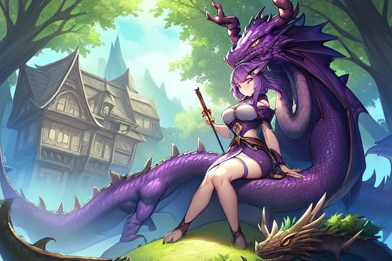 House, forest, girl , purple hair, dragon tail, dragon horns, sit, dragon ear , have sword