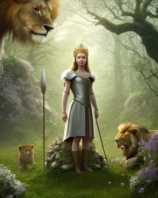 Young beautiful girl with floral crown standing next to a majestic, stunning lion on nature forest path, Chronicles of Narnia, 8k resolution, high-quality, fine-detail, iridescent, intricate, digital art, detailed matte, volumetric lighting, beautiful, illustration, 3D octane render, brian froud, howard lyon, selina french, anna dittmann, annie stokes, lisa parker, greg rutowski,