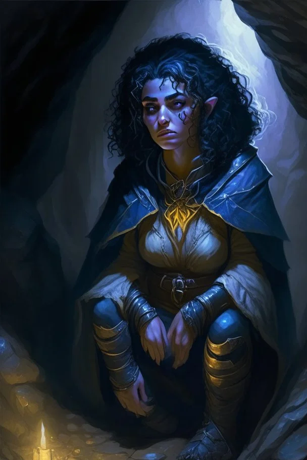 Dnd character on her knees in a dark cave. A female Moonelf twilight cleric with super curly, super short, dark blue hair and golden eyes. Wearing grey robes. Muscular, broad, beautiful.