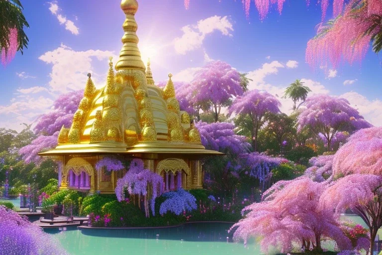 gold and pink crystal indian PALACE，swanns,waterfall, BLUE LAKE, SWANNs,fuksia bugainvillier flowers, jacaranda violet trees, sky pink blue, full of details, smooth, bright sunshine，soft light atmosphere, light effect，vaporwave colorful, concept art, smooth, extremely sharp detail, finely tuned detail, ultra high definition, 8 k, unreal engine 5, ultra sharp focus