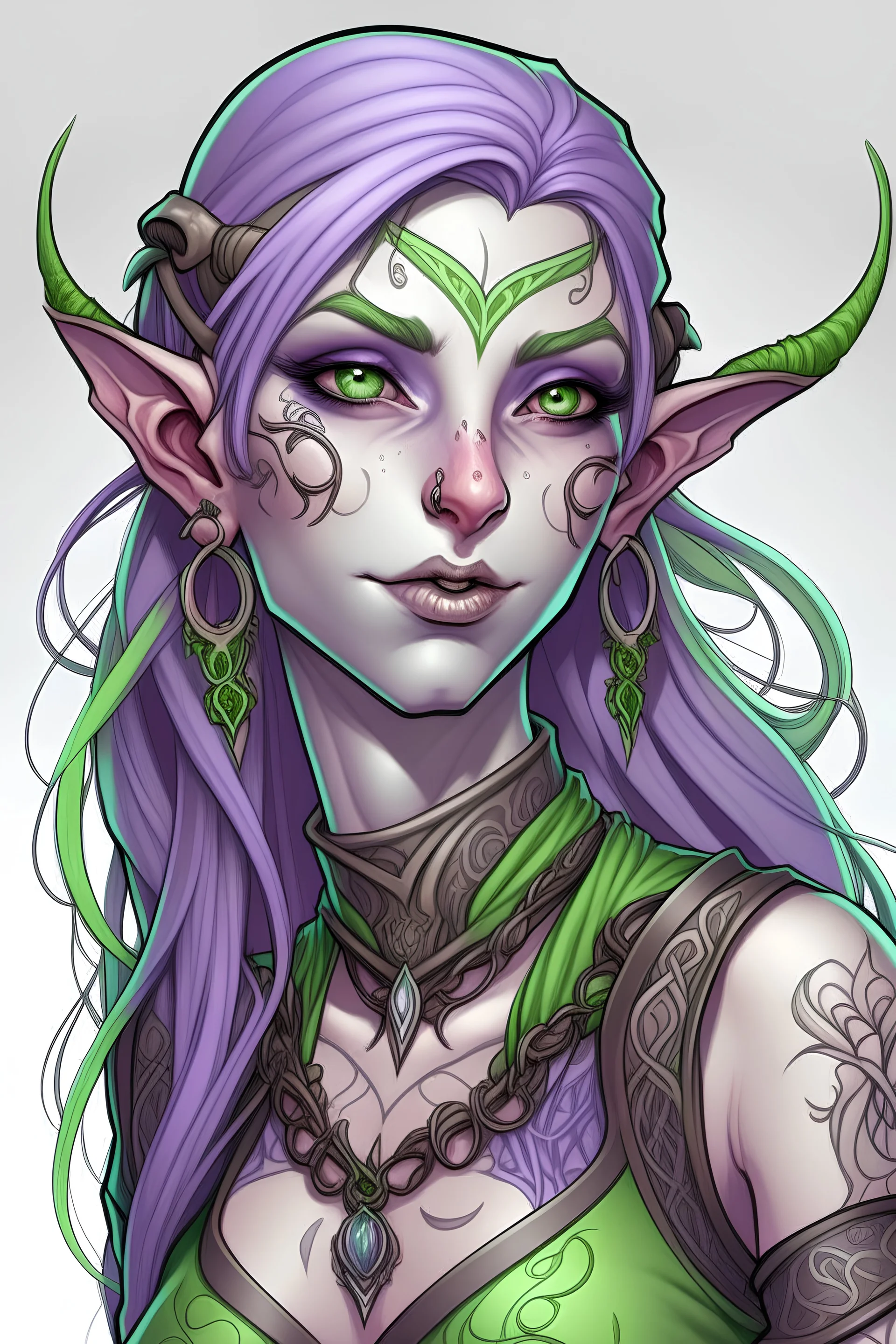 Generate a female elf with pale green skin, purple flowing hair and a few tribal tattoos on her face.
