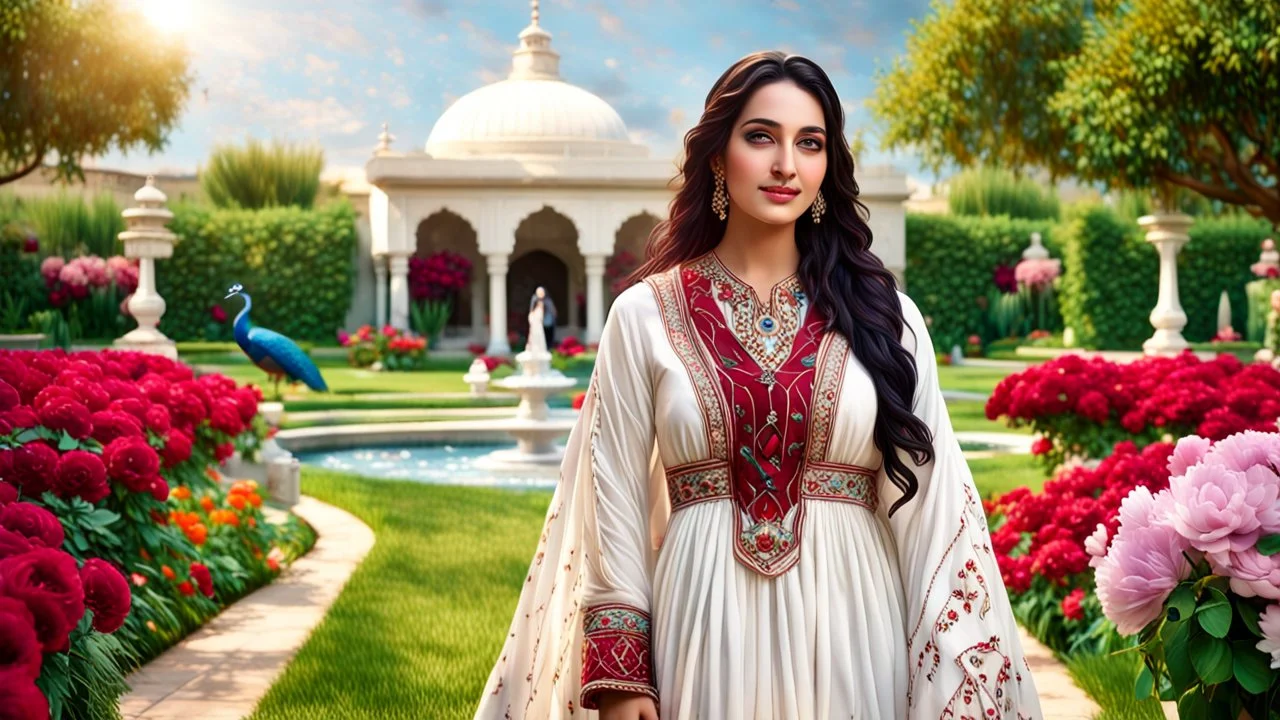 Hyper Realistic Photographic Long View Of A Beautiful Pashto Woman (With Beautiful Eyes Lips & Nose, & Long Black Hair; Wearing White Frock With Maroon Embroidery) Happily Standing & Smiling In A Beautiful Flower Garden With Fancy Stone Water Fountain & A Peacock Walking On The Grass Around Her At Beautiful Cloudy Sunny Day Showing Dramatic & Cinematic Ambiance.