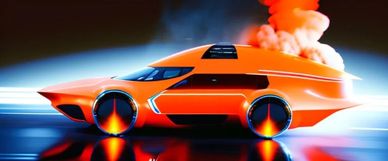 award winning car and driver photograph of a futuristic station wagon designed by only one vehicle per image painted metallic orange traveling at a high rate of speed, jet intake off of front center of vehicle and jet exhaust out the rear with bright blue flame, bilaterally symetrical, more a high speed road vehicle