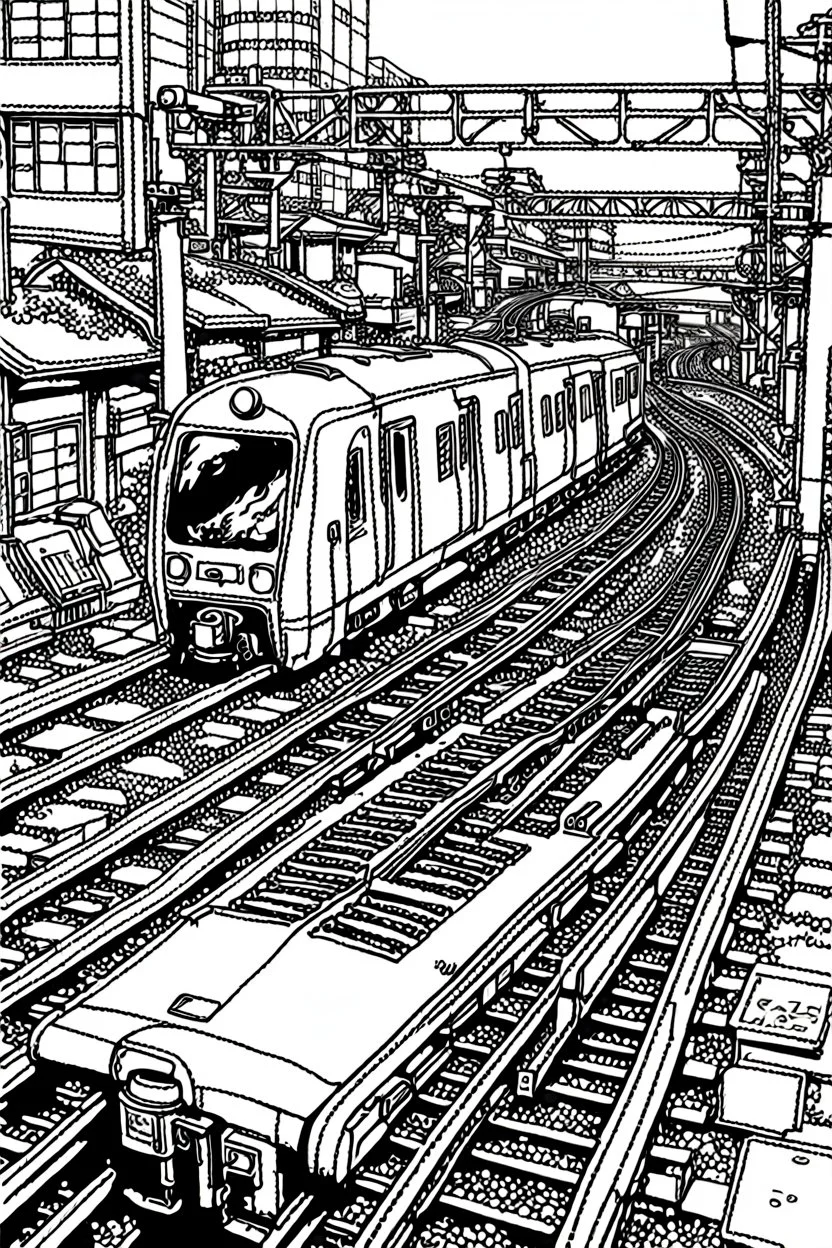 Tokyo train tracks, line arts, manga style