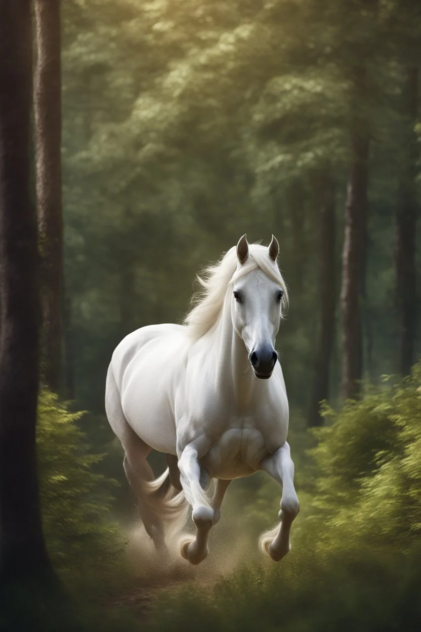 Ultra realistic photo of A majestic white stallion galloping through a lush, enchanted forest., fantasy, futuristic style, mystic, HOF, captured with professional DSLR camera,64k, ultra detailed,