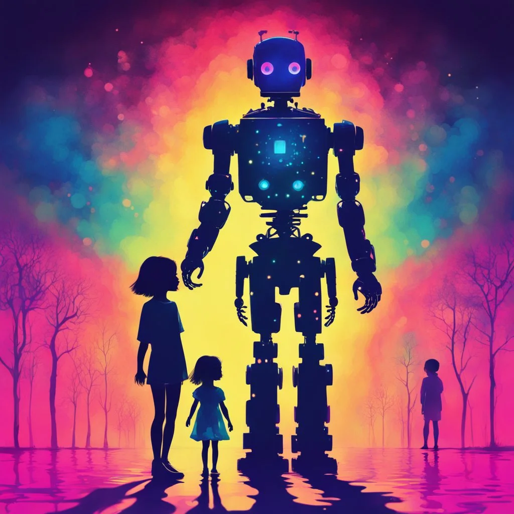 psychedelic colorful silhouette, robot holding hands with little girl, moody