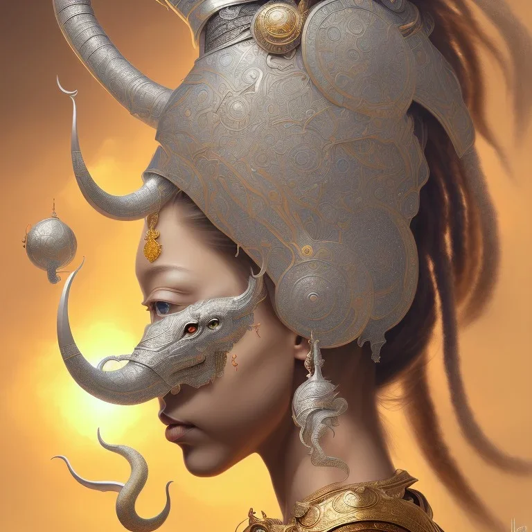 Sango fantasy, fantasy magic, intricate, sharp focus, illustration, highly detailed, digital painting, concept art, matte, art germ and Paul Lewin and Kehinde Wiley, masterpiece silver elephant head bronze Buddha Asian African girl nice breast Hawaiian hair turquoise golden waves