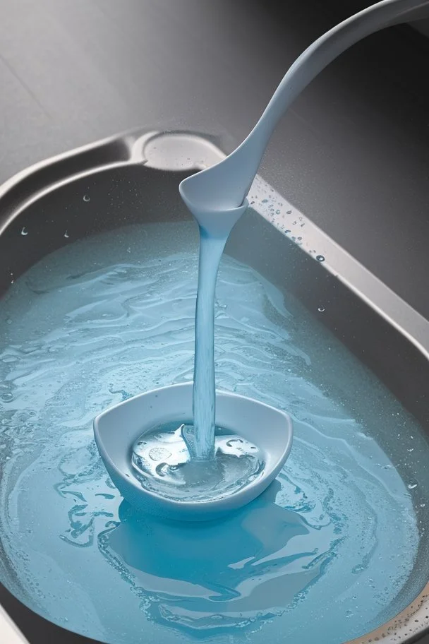 in focus, a jet of water flows into a spoon and splashes everywhere in a sink tray