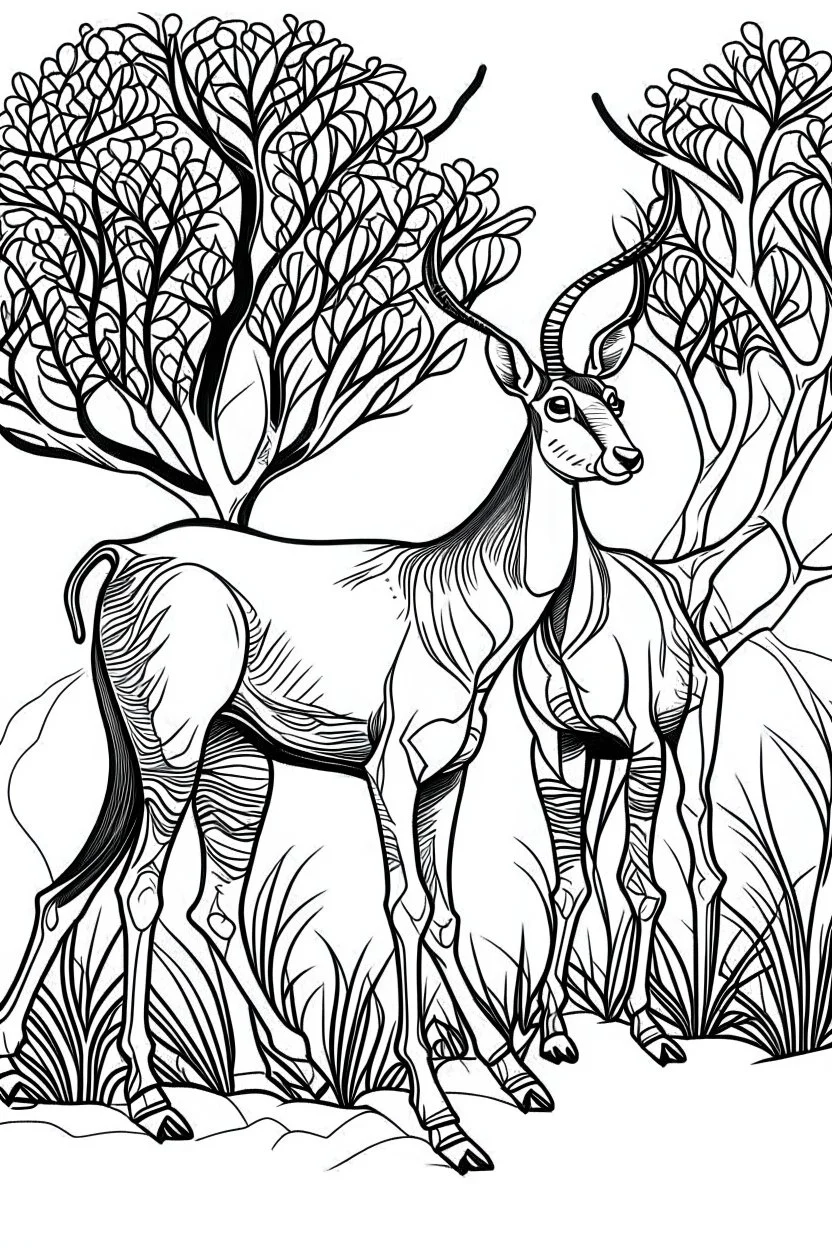 Outline art, antelopes standing in the bush, full body, cartoon style, black and white, low detail, no shading, --ar 9:11