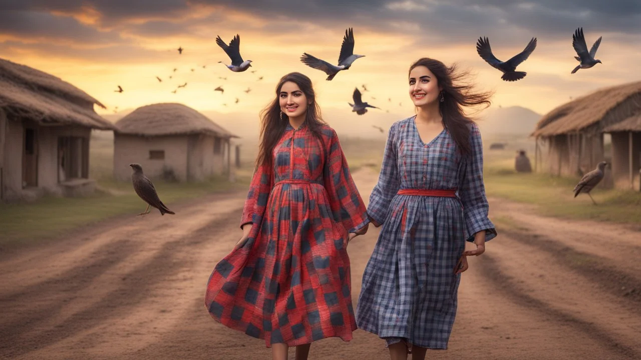 Hyper Realistic Young-Happy-Pashto Women wearing checkered-patterned dress in a village at cloudy sunset with birds flying with dramatic ambiance