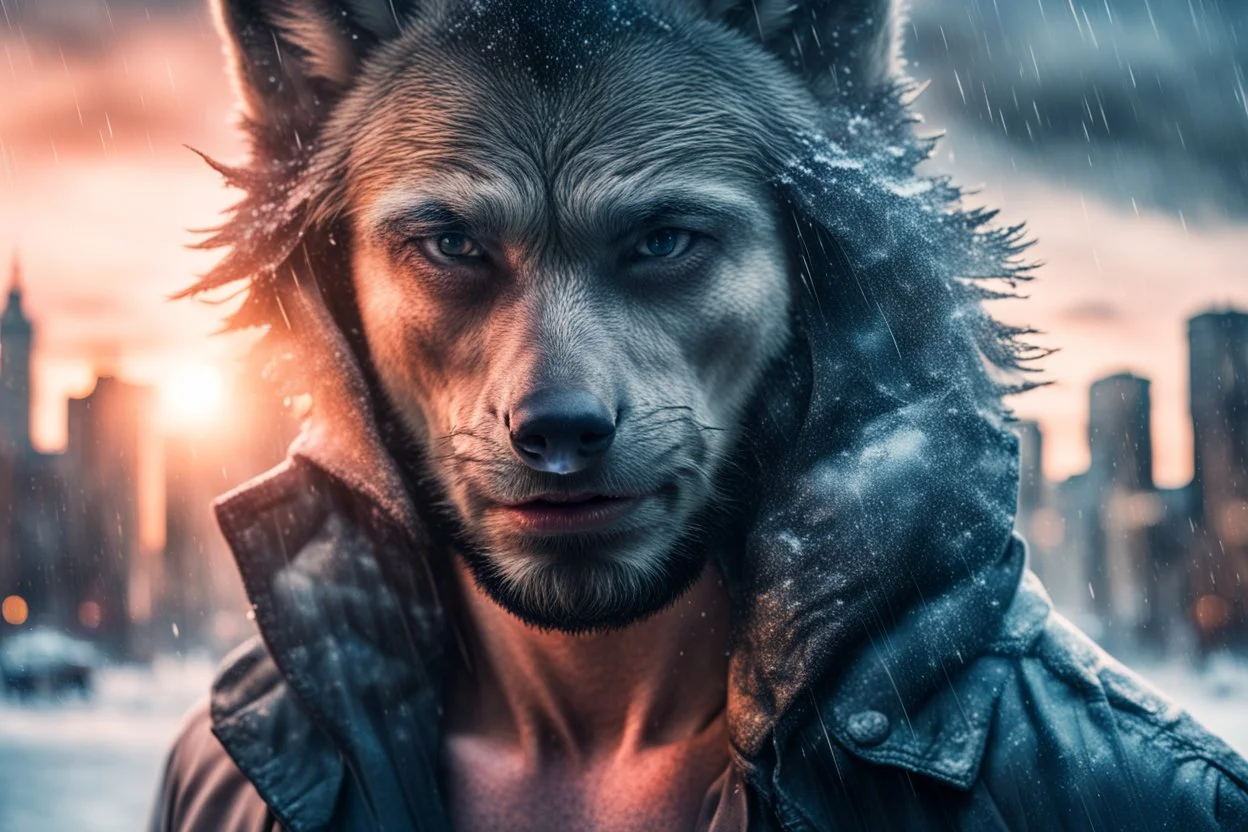 double exposure, Wolf Man, man, city, sunset, snow, rain, wind, fantasy, mystical, tattoo, vertical pupils, high detail, high resolution, 8K