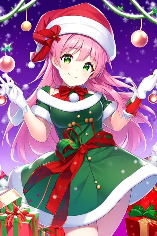 cute anime girl, wearing classic Christmas hat, smiling, green eyes, medium pink hair with purple gradient, Christmas background with trees and lots of snow