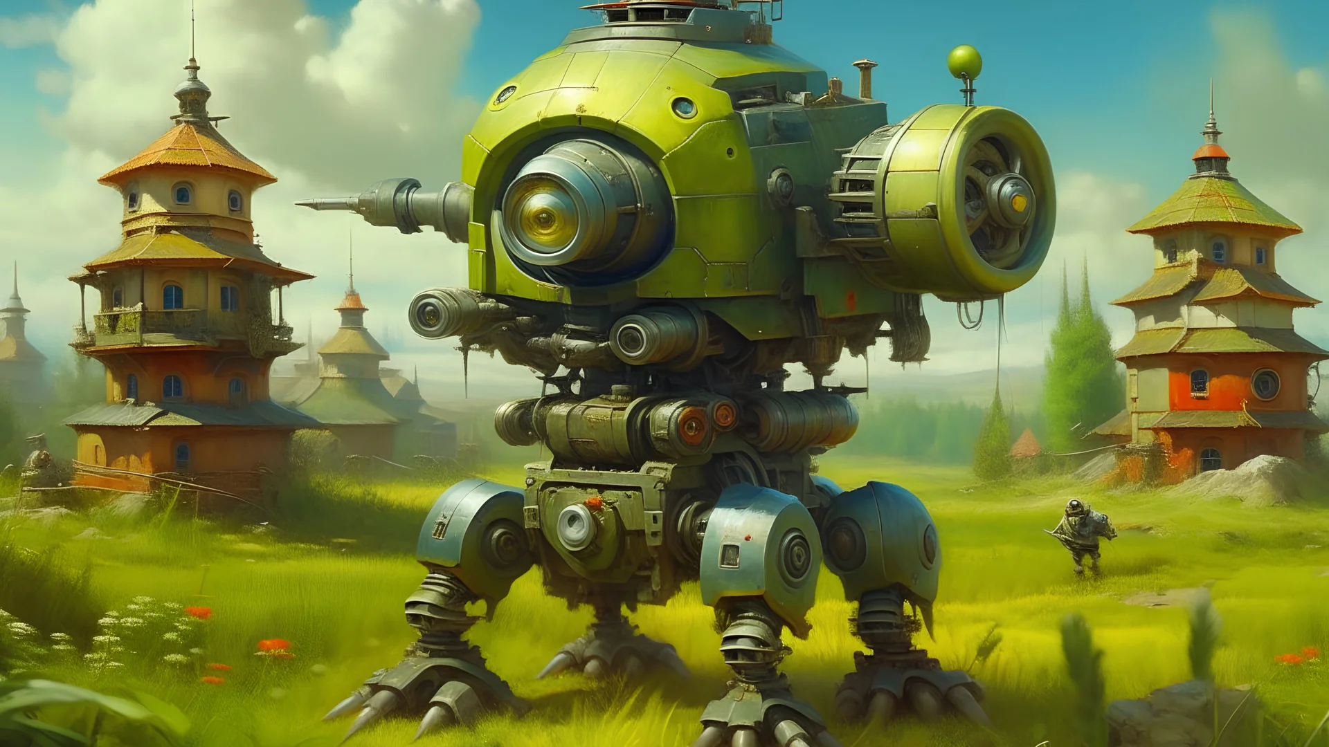 detailed painting of a mech minion in soviet russia, summer